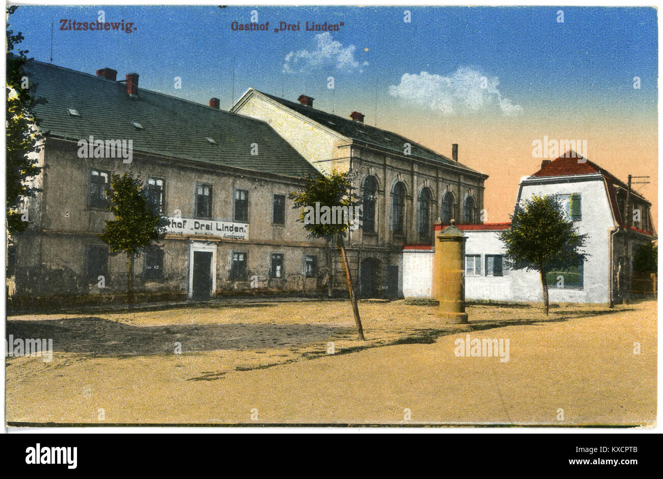 A 1917 image from the Brück & Sohn Kunstverlag collection, depicting the Gasthof 'Drei Linden,' a historical inn or tavern, illustrating early 20th-century hospitality in Germany. Stock Photo