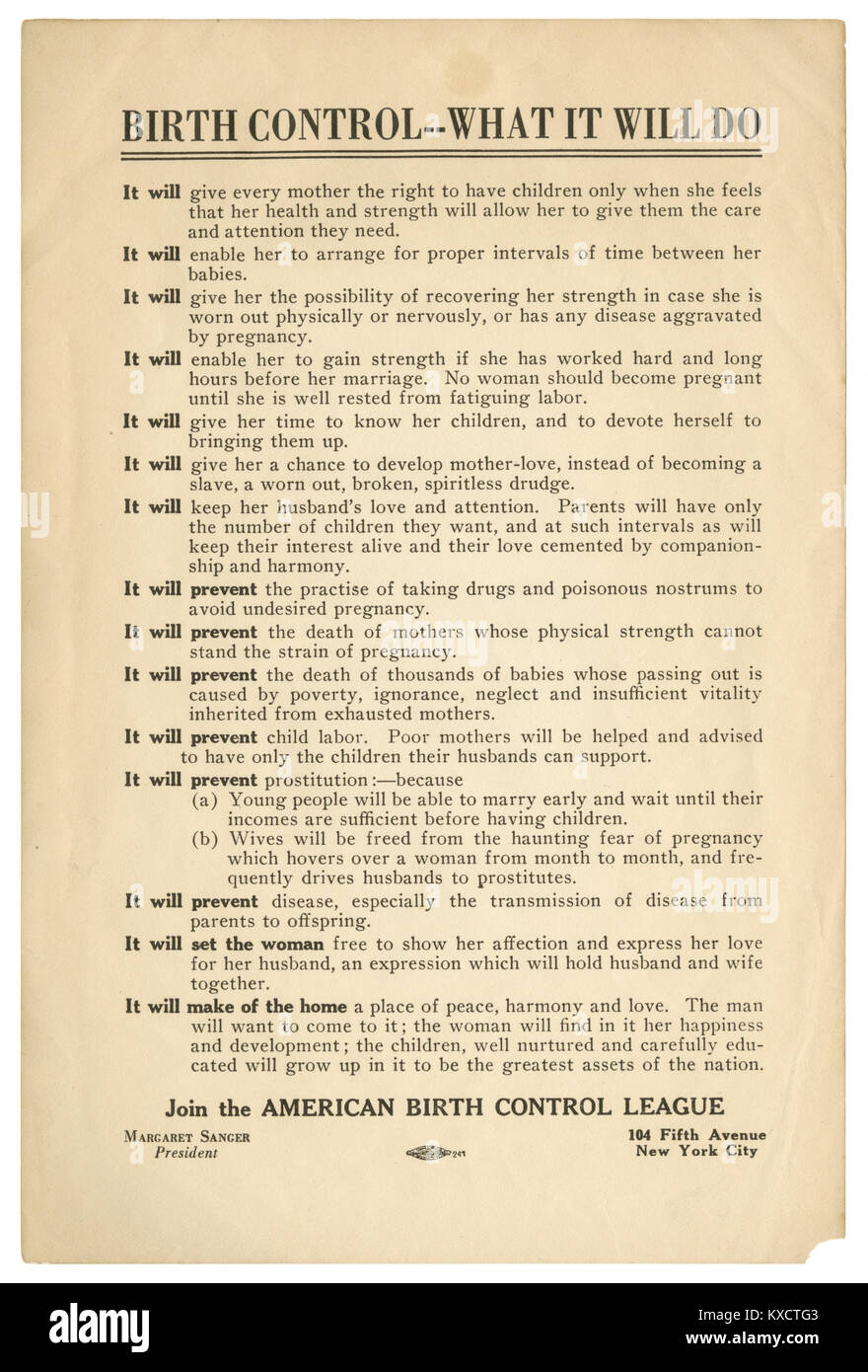 Antique circa 1922 flyer, 'Birth Control – What It Will Do' from American Birth Control League (ABCL), founded by Margaret Sanger in 1921. Stock Photo