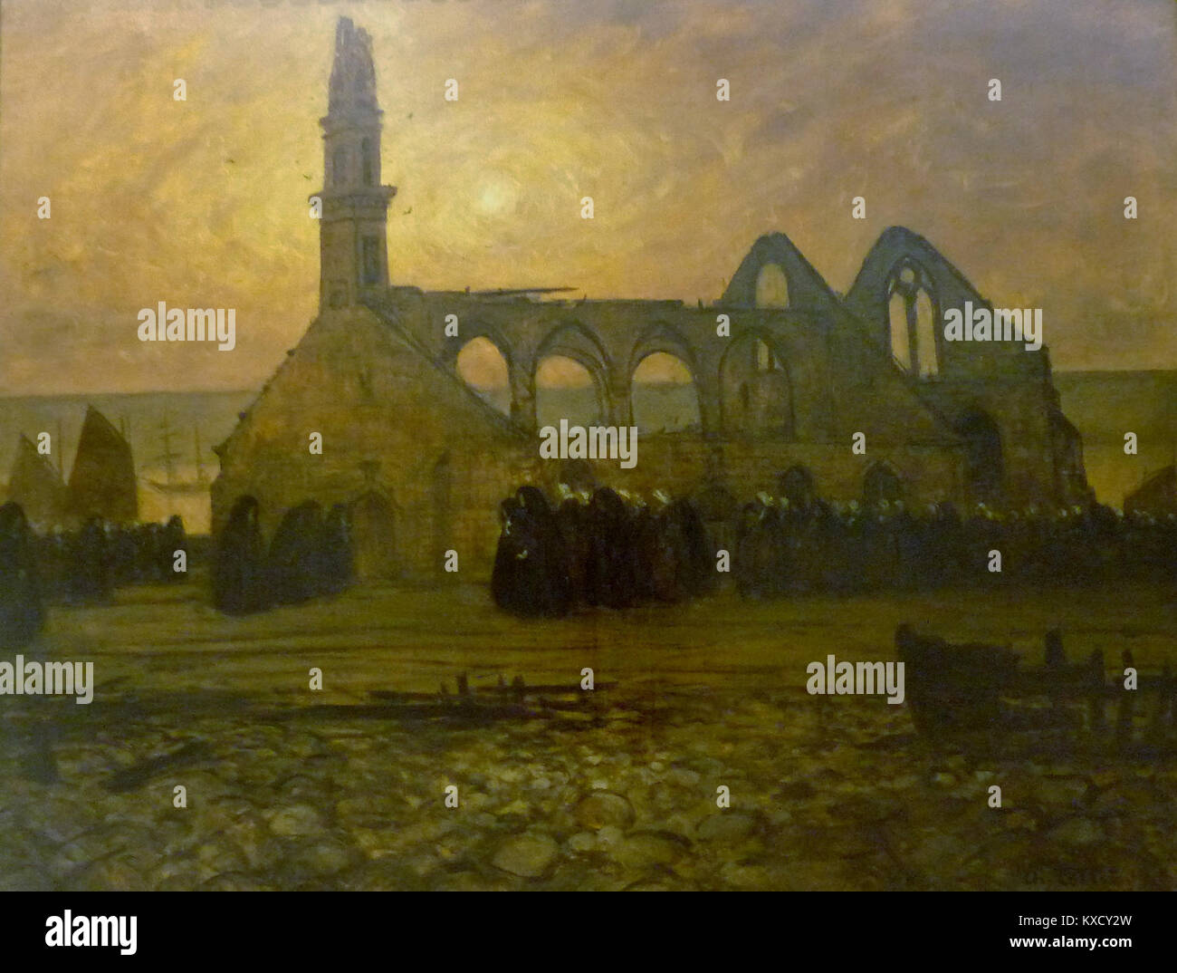 A photograph of a burned church, showing structural damage and remains ...