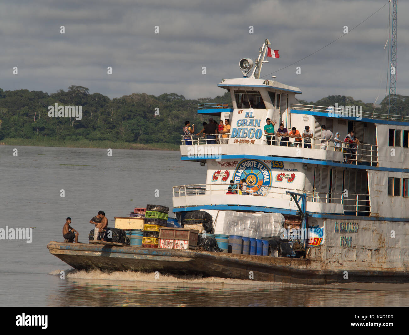 Amazon River, Peru - Dec 12, 2017: Cargo boat in the middle of Amazon river Stock Photo
