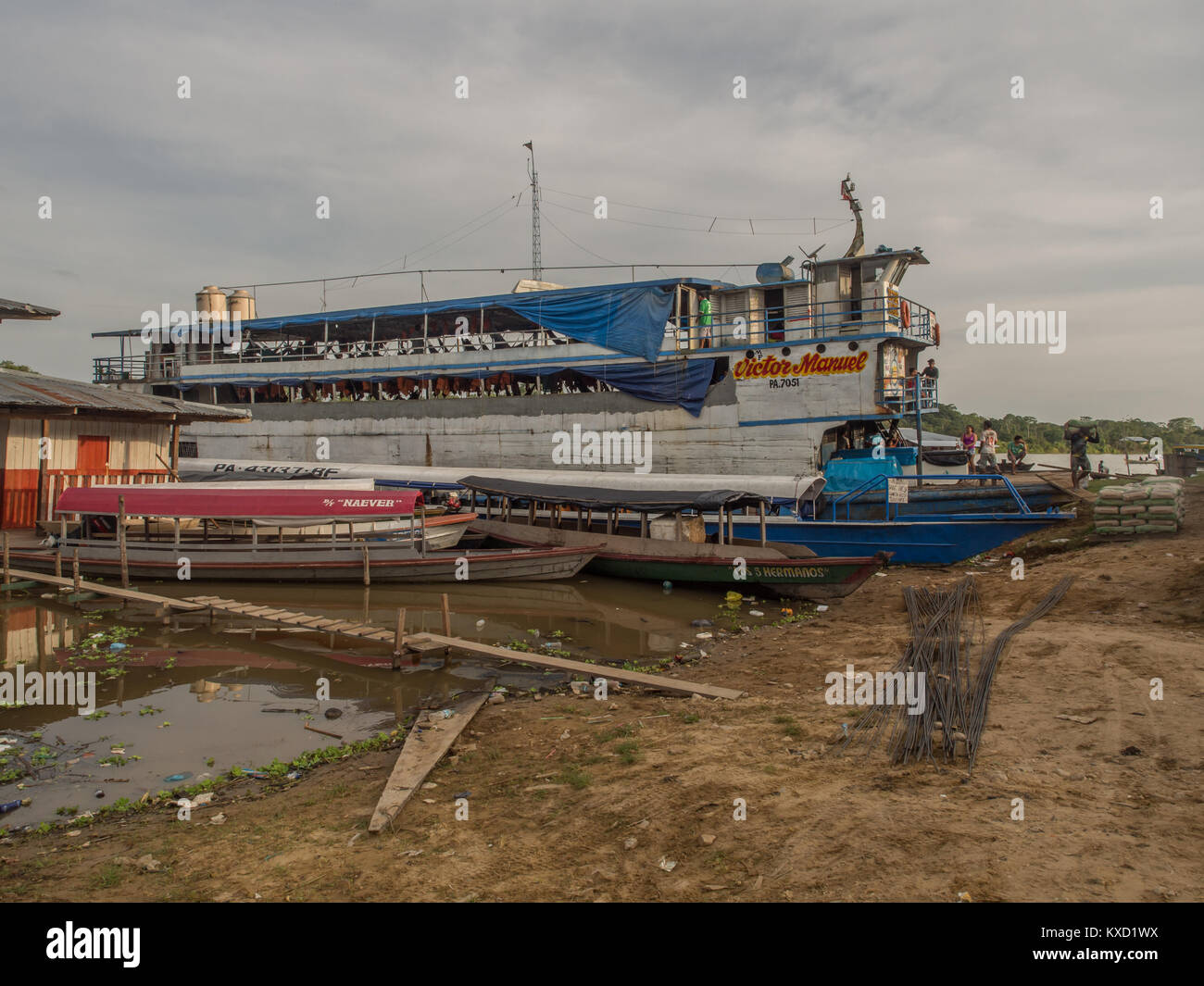 Caballococha, Peru - Dec 11, 2017: Cargo boat in the port on the Amazon river. Stock Photo