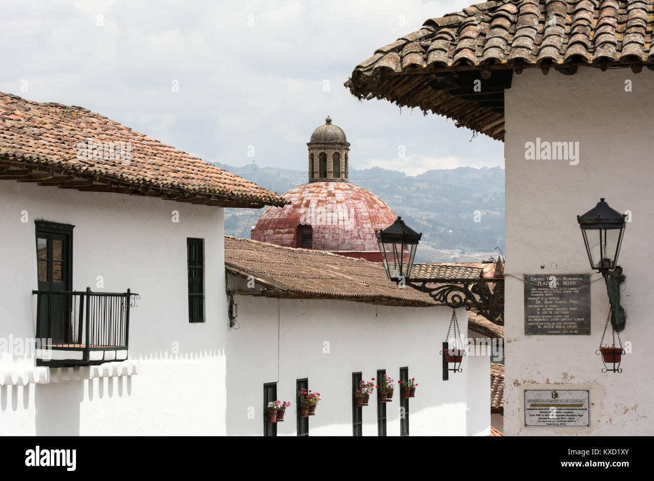 Colonial style buildings and rooftops near Plazuela Belen in Cajamarca city in Northern Peru Stock Photo