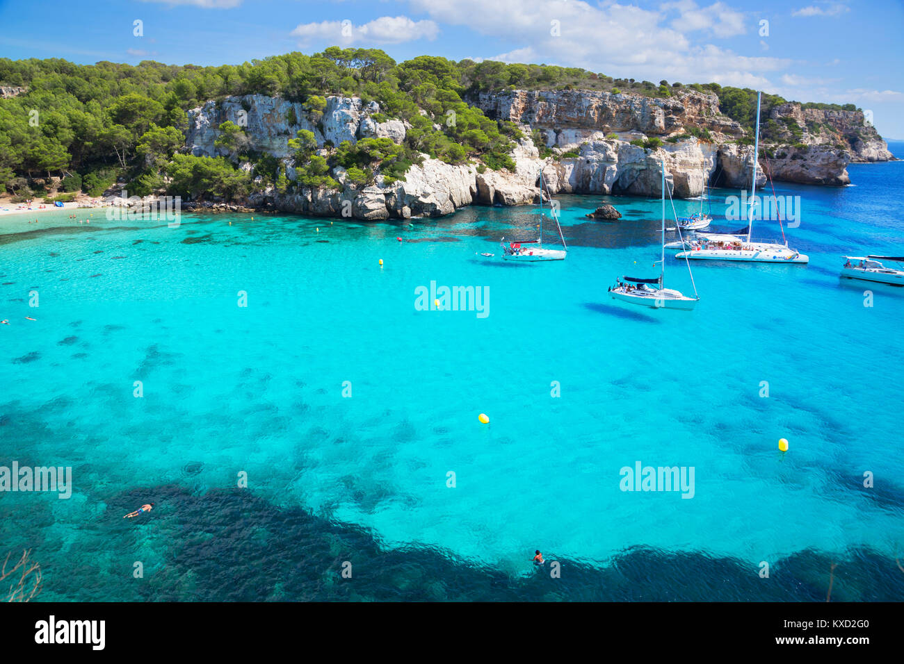 View of Cala Macarella and sailboats, Menorca, Balearic Islands, Spain, Europe Stock Photo