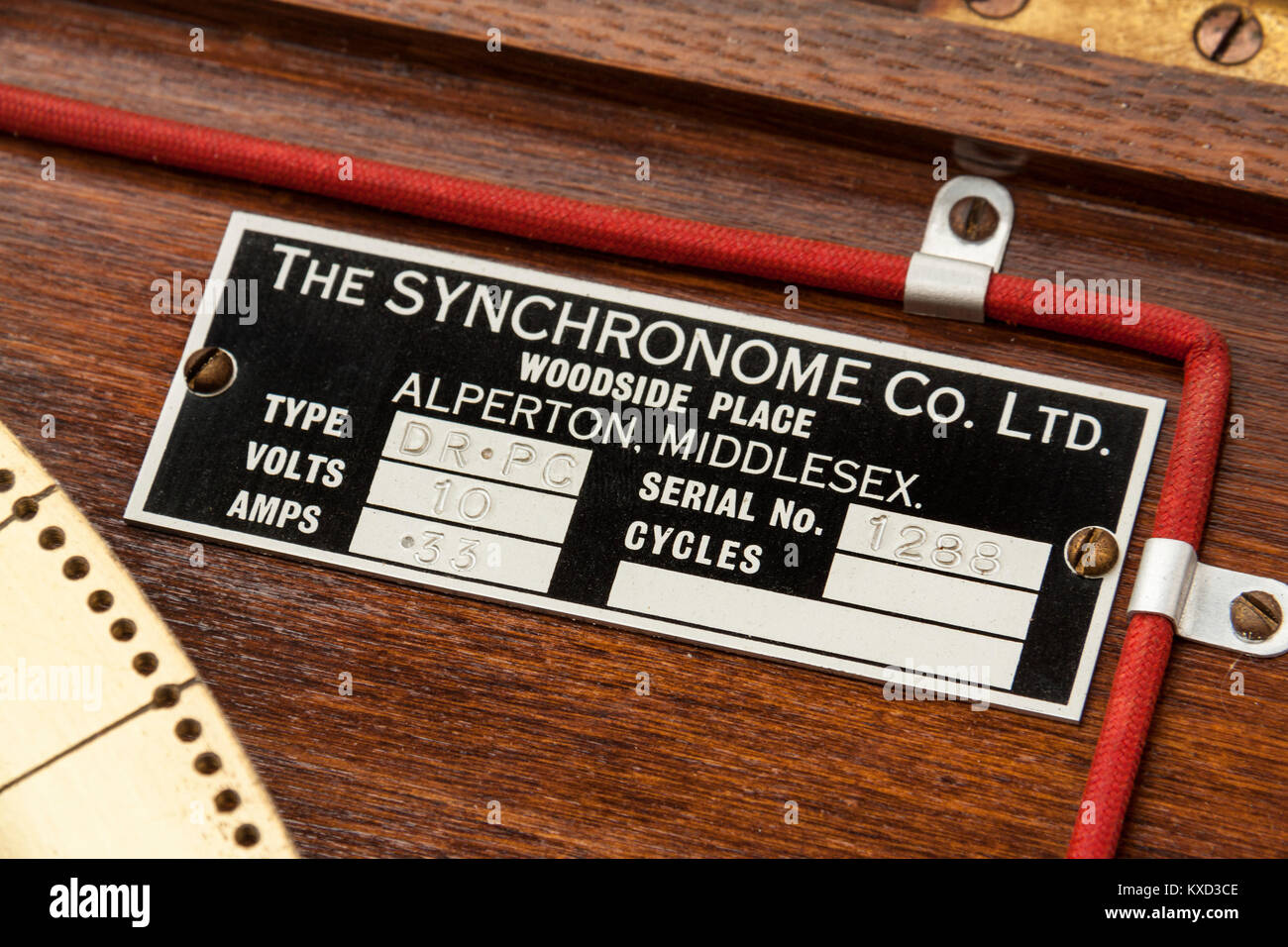 Vintage 1950's electric 10V Synchronome clock DR-PC Bell Programmer (No 1288), made by the Synchronome Co. Ltd, Woodside Place, Alperton, Middlesex. Stock Photo