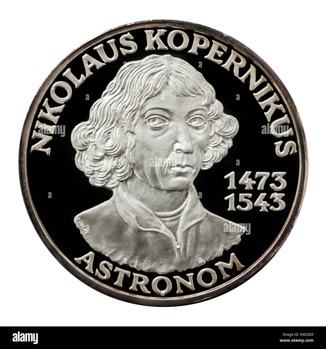 99.9% Proof Silver Medallion featuring Nicolaus Copernicus, the famous Polish astronomer, mathematician and economist. Stock Photo