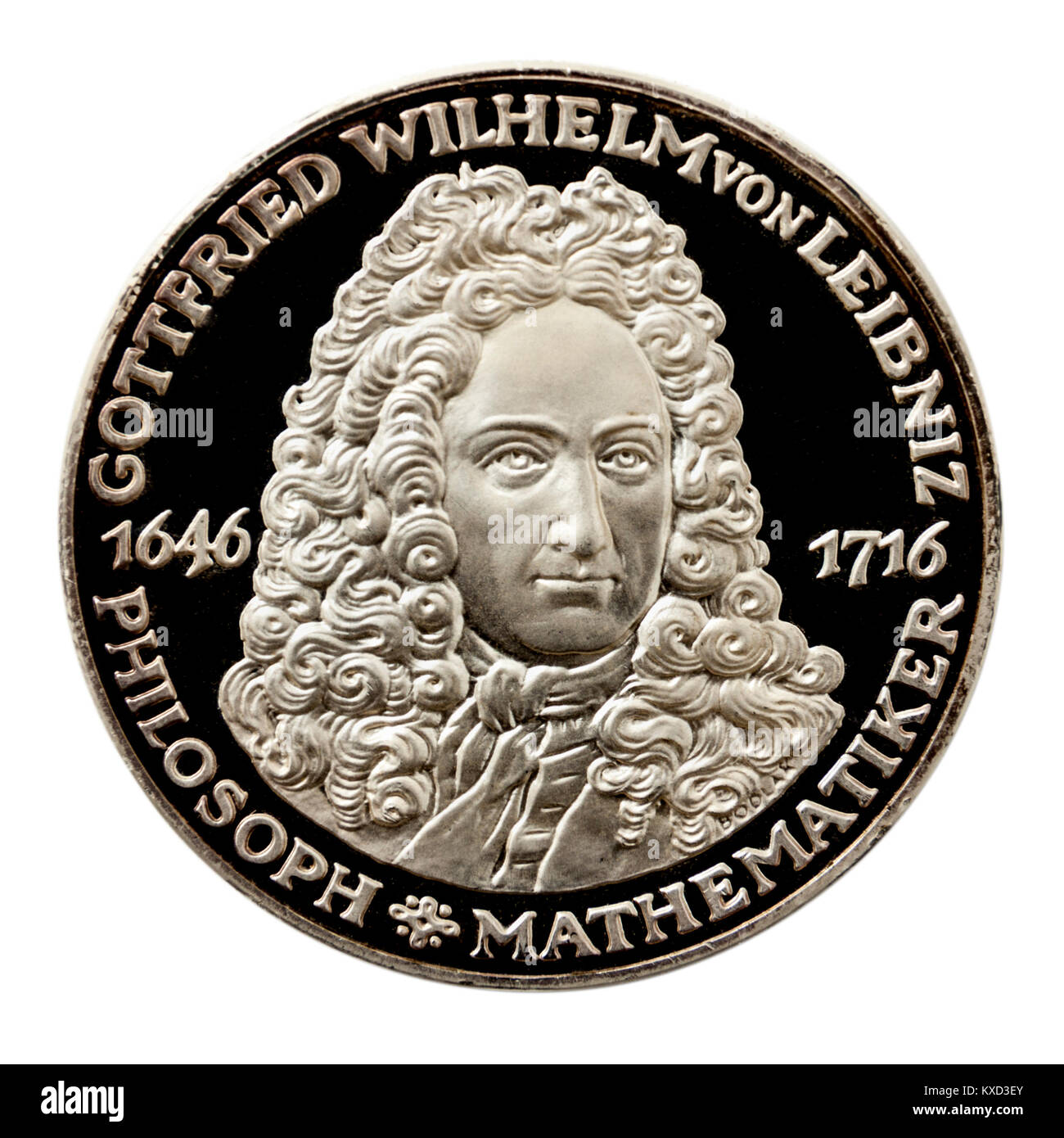 99.9% Proof Silver Medallion featuring Gottfried Wilhelm von Leibniz (1646-1716), the German mathematician famous for inventing the Leibniz-wheel. Stock Photo