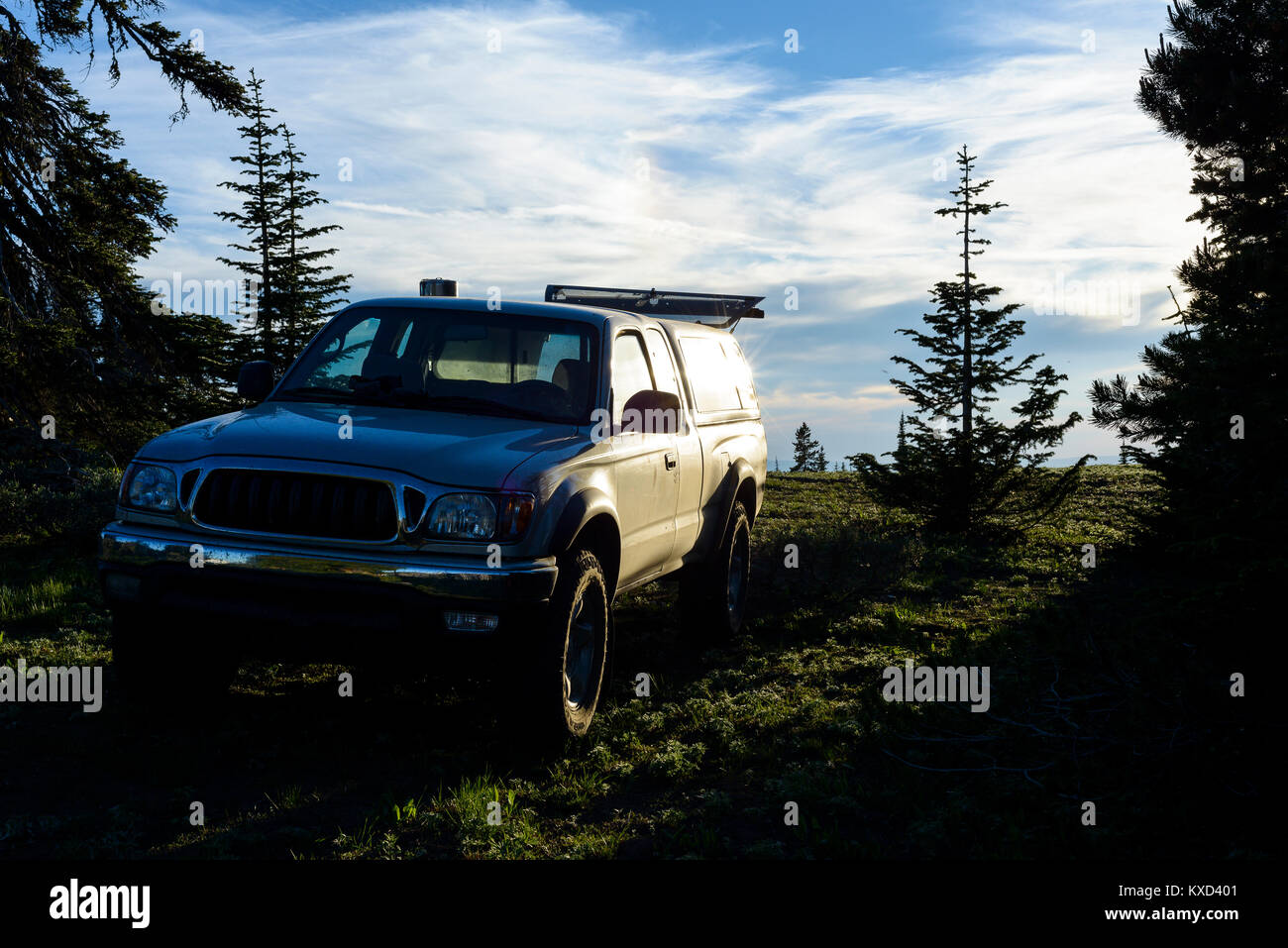 Sports Utility Vehicle on grassy field against cloudy sky Stock Photo