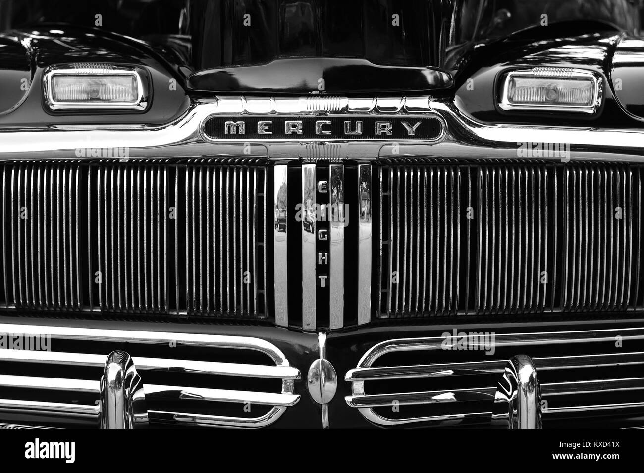 Black & chrome front end of an old classic American automobile Stock Photo