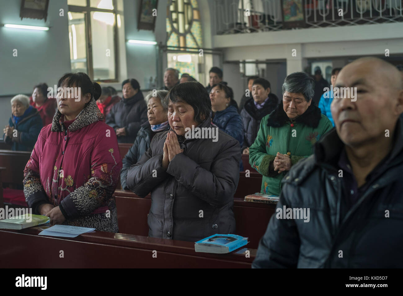 Christmas Mass at Sacred Heart of Jesus Church in Housangyu village, 70 kilometers west of Beijing center, one of the earliest churches in China. 25-Dec-2017 Stock Photo