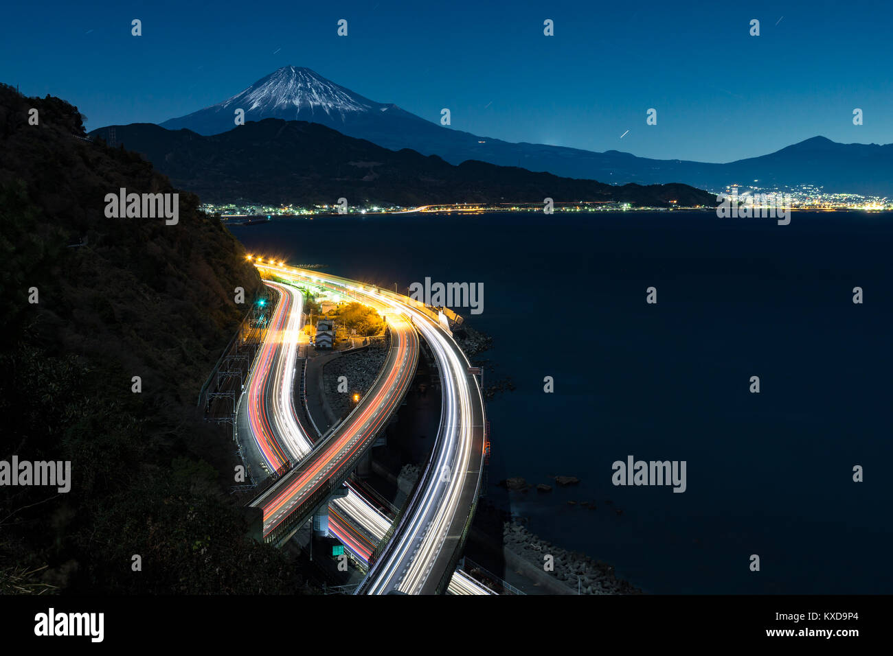 Nightview of Mount Fuji and Tomei Highway from Satta Path in winter. Stock Photo