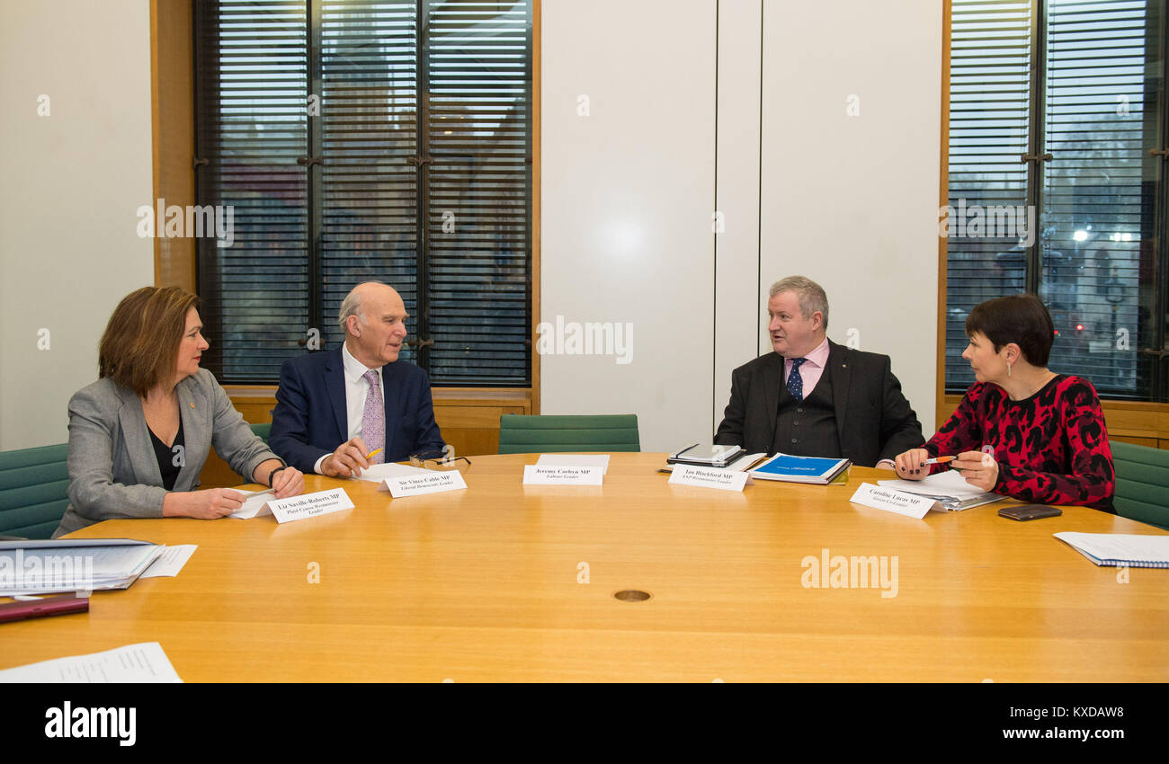 (left to right) Plaid Cymru leader Liz Saville-Roberts, Liberal Democrat Leader Sir Vince Cable, SNP Westminster leader Ian Blackford and Green Party Co-Leader Caroline Lucas alongside a chair reserved for Labour Leader Jeremy Corbyn at a cross-party summit at the Houses of Parliament in London, on retaining UK membership of the single market and customs union. Stock Photo