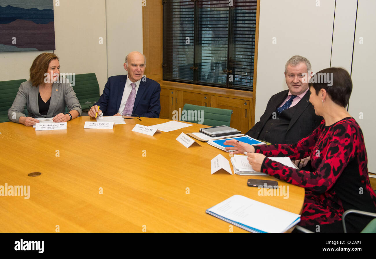 (left to right) Plaid Cymru leader Liz Saville-Roberts, Liberal Democrats Leader Sir Vince Cable, SNP Westminster leader Ian Blackford and Green Party Co-Leader Caroline Lucas alongside a chair reserved for Labour Leader Jeremy Corbyn at a cross-party summit at the Houses of Parliament in London, on retaining UK membership of the single market and customs union. Stock Photo