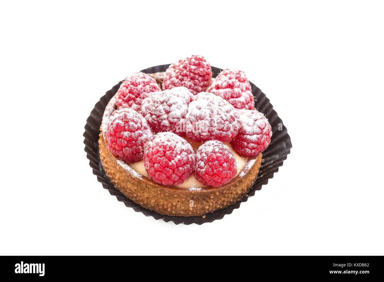 Pastry with cream, jam, raspberries and powdered sugar on white background Stock Photo