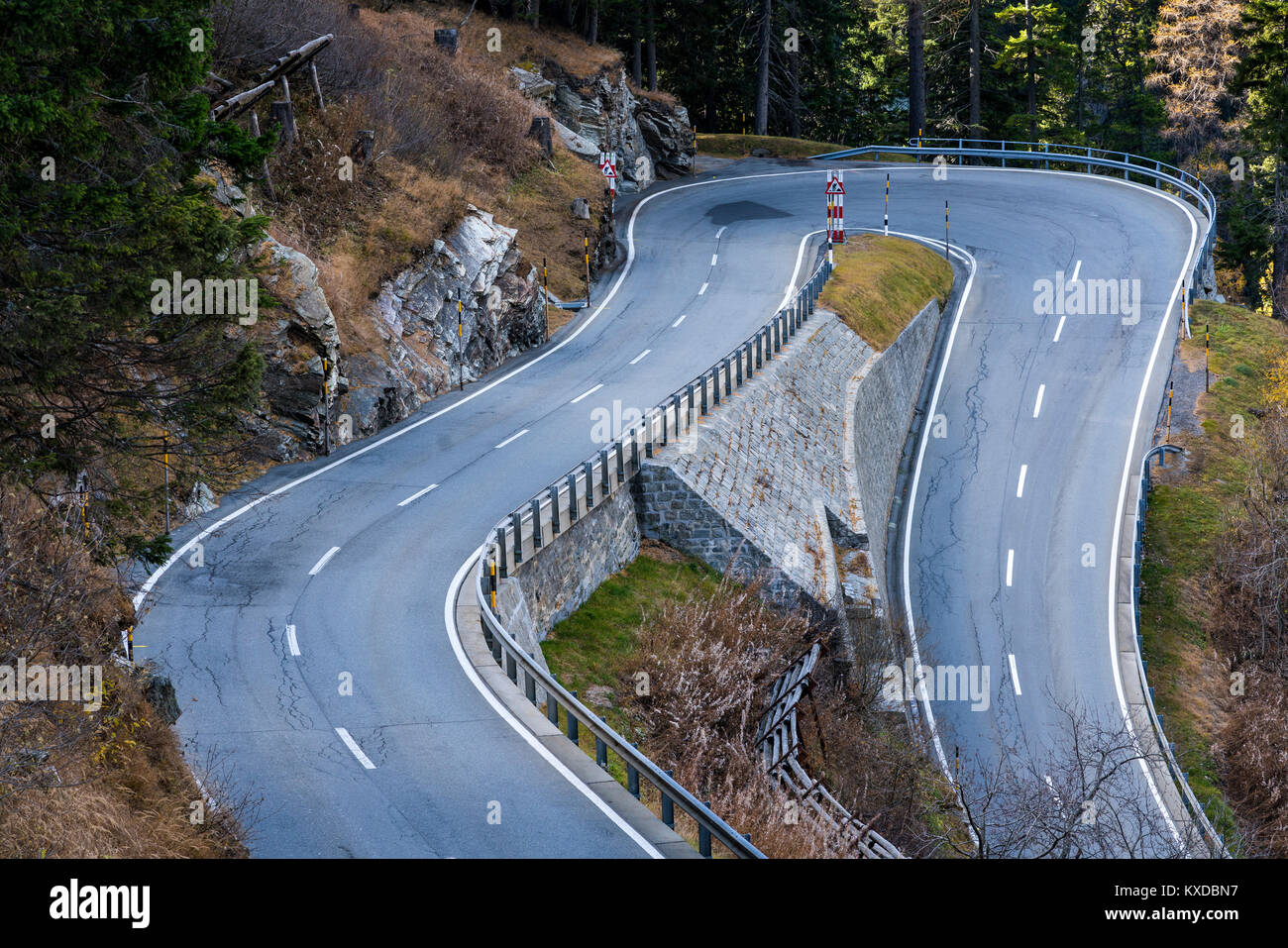 Hairpin bend, Pass road, Maloja pass, Canton Grisons, Switzerland Stock Photo