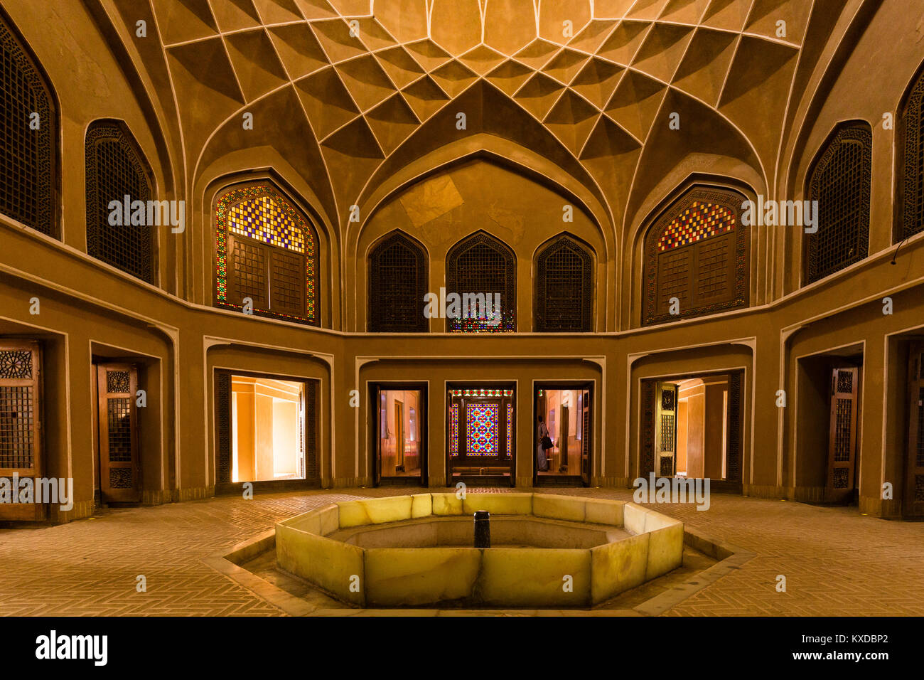 Pavilion inside the Bagh-e Dolat Abad or Dolat Abad Garden, with the highest Wind Tower of Iran at 33 meters, Yazd, Iran Stock Photo
