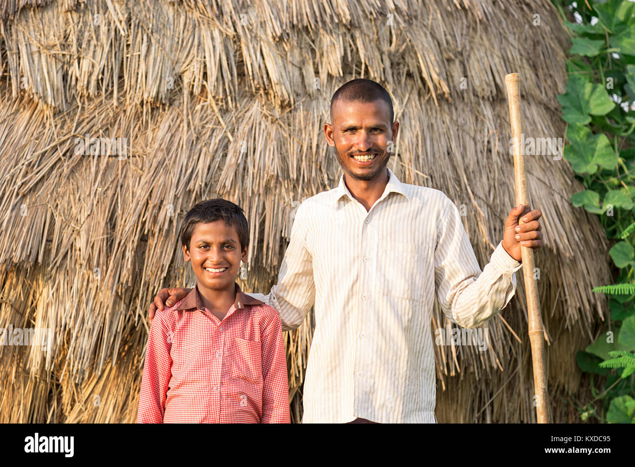 2 Indian Rural Farmer Father And Son Standing Field Husk Stock Photo