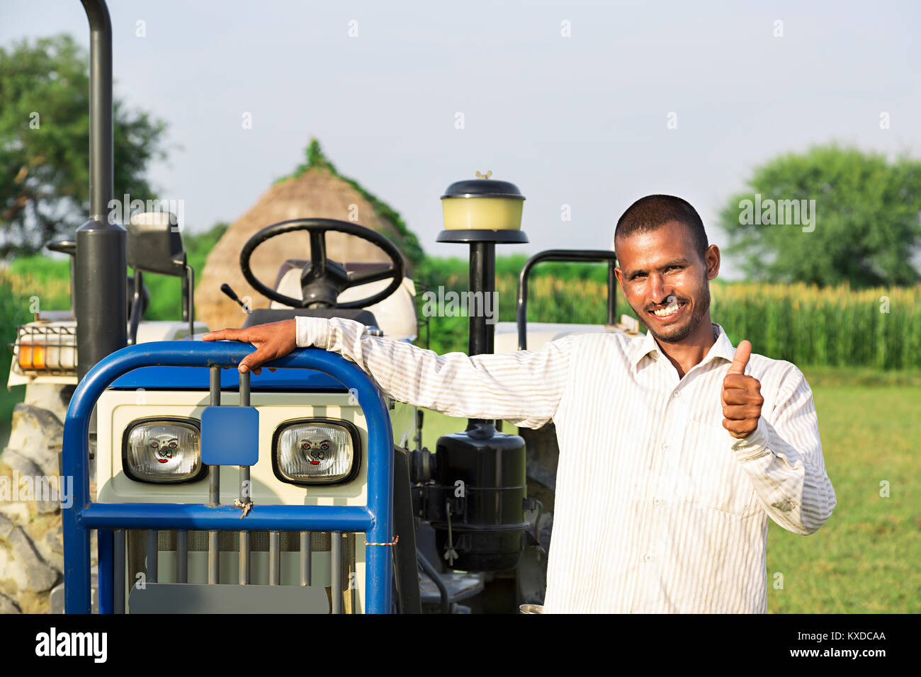1 Indian Rural Farmer Man Standing Tractor Thumbsup Farm Village Stock ...