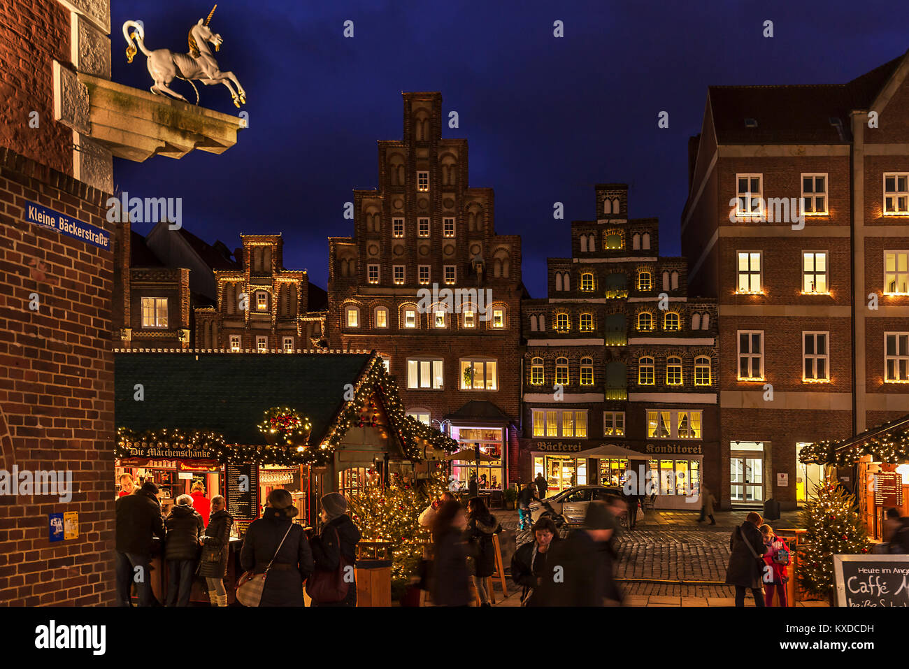 Old gabled houses in Christmas lighting in the evening,Am Sande,Lüneburg,Lower Saxony,Germany Stock Photo
