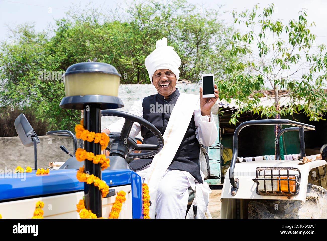 1 Indian Farmer Man Sitting Tractor Showing Cell Phone Village Stock Photo