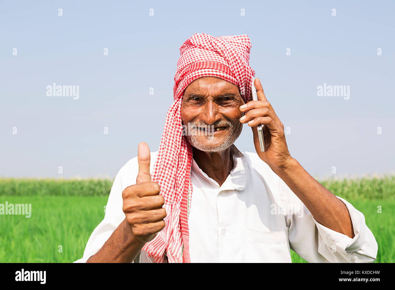 1 Indian Rural Farmer Old Man Talking Phone Thumbsup Field Stock Photo