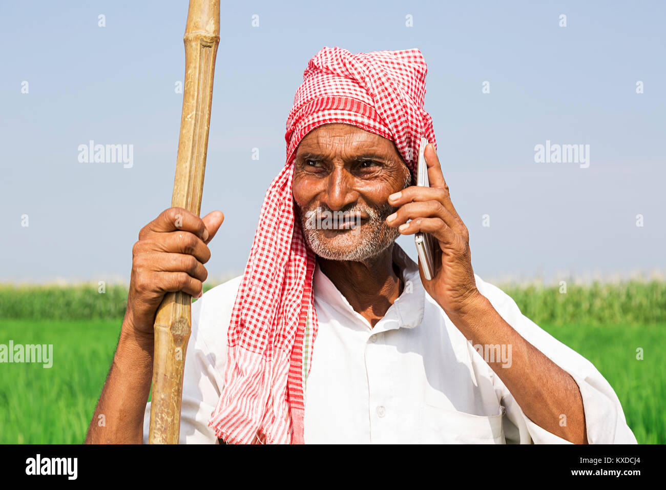 1 Indian Farmer Old Man Talking Cell Phone Field Village Stock Photo