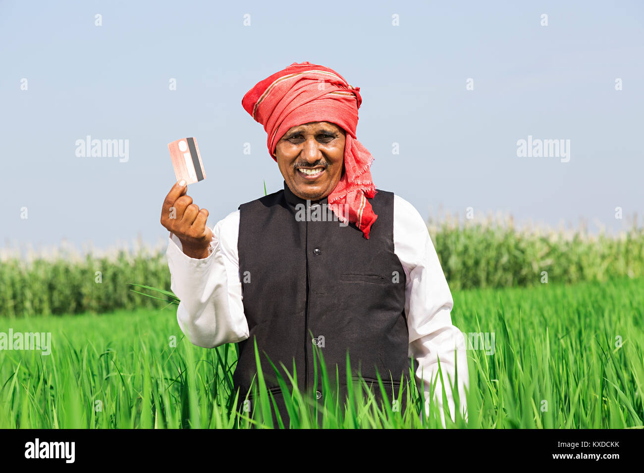 Smiling 1 Indian Rural Farmer Standing Farm Showing Debit Card Stock ...