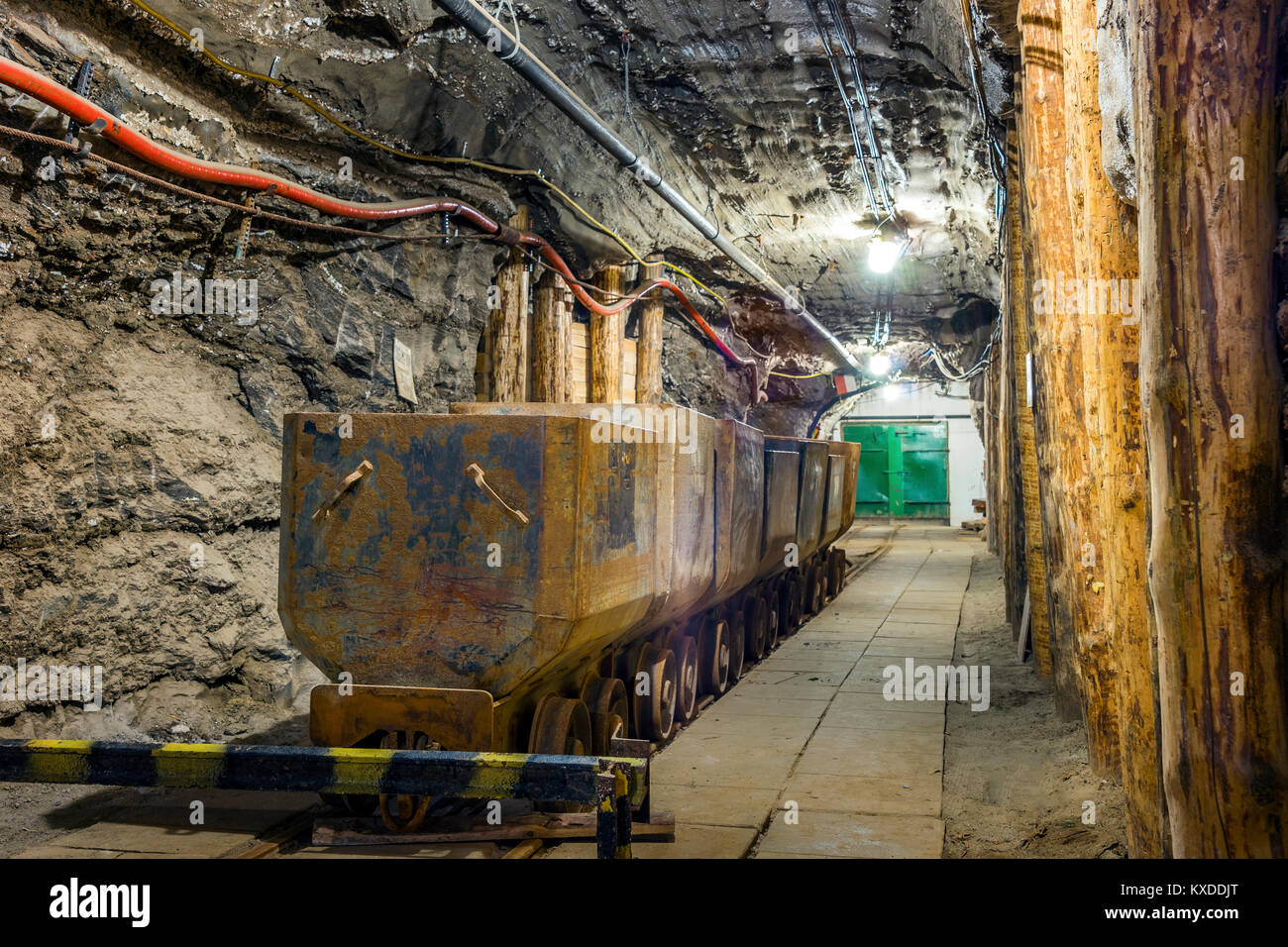 Industrial metal wagon in underground tunnel of salt mine,Bochnia,Poland Stock Photo