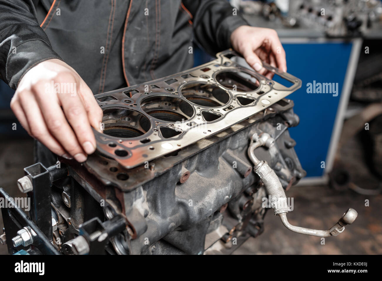 Sealing gasket in hand. The mechanic disassemble block engine vehicle. Engine on a repair stand