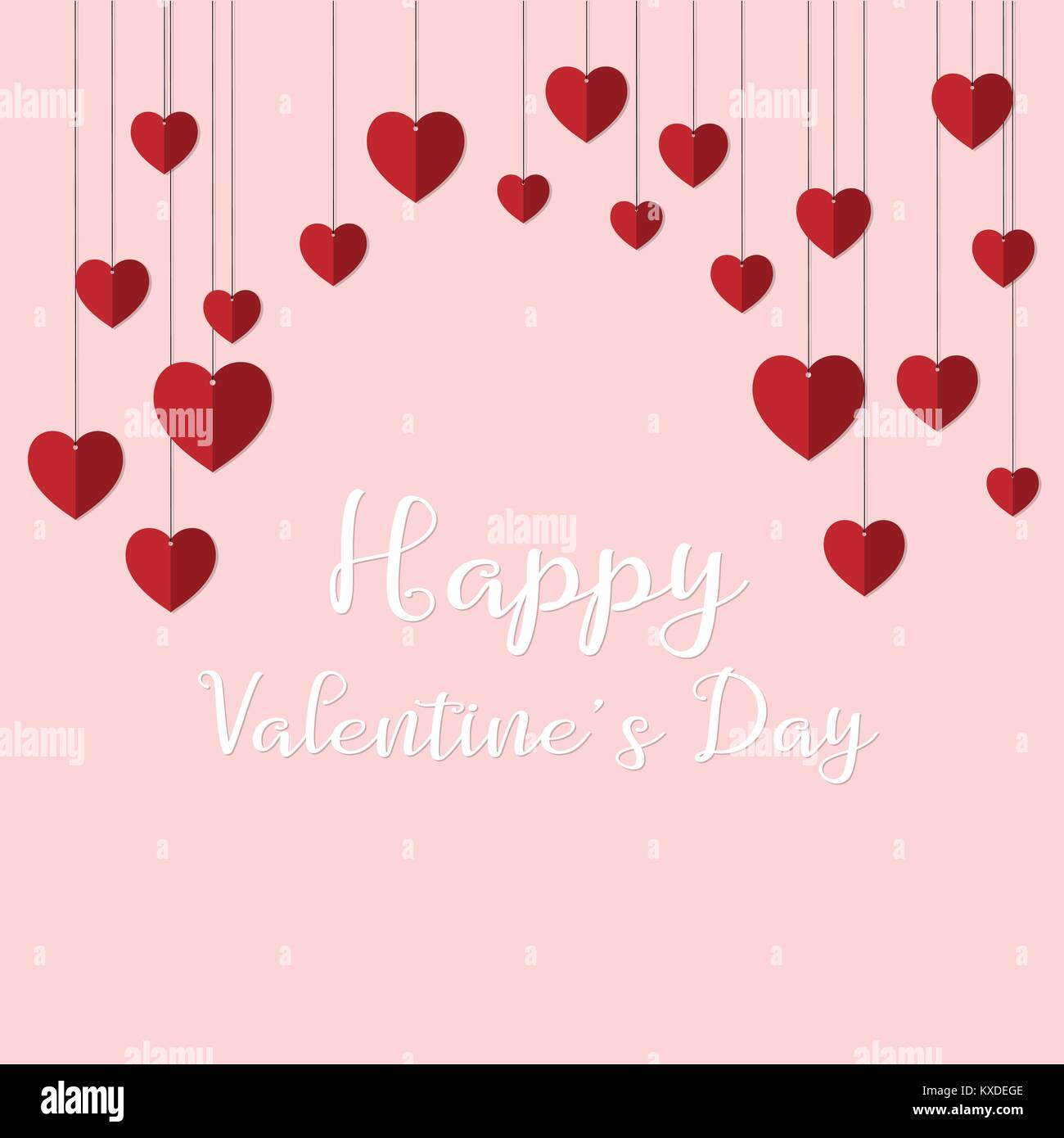 Happy valentine's day background with hanging red paper cut heart shape. Vector illustration. Stock Vector