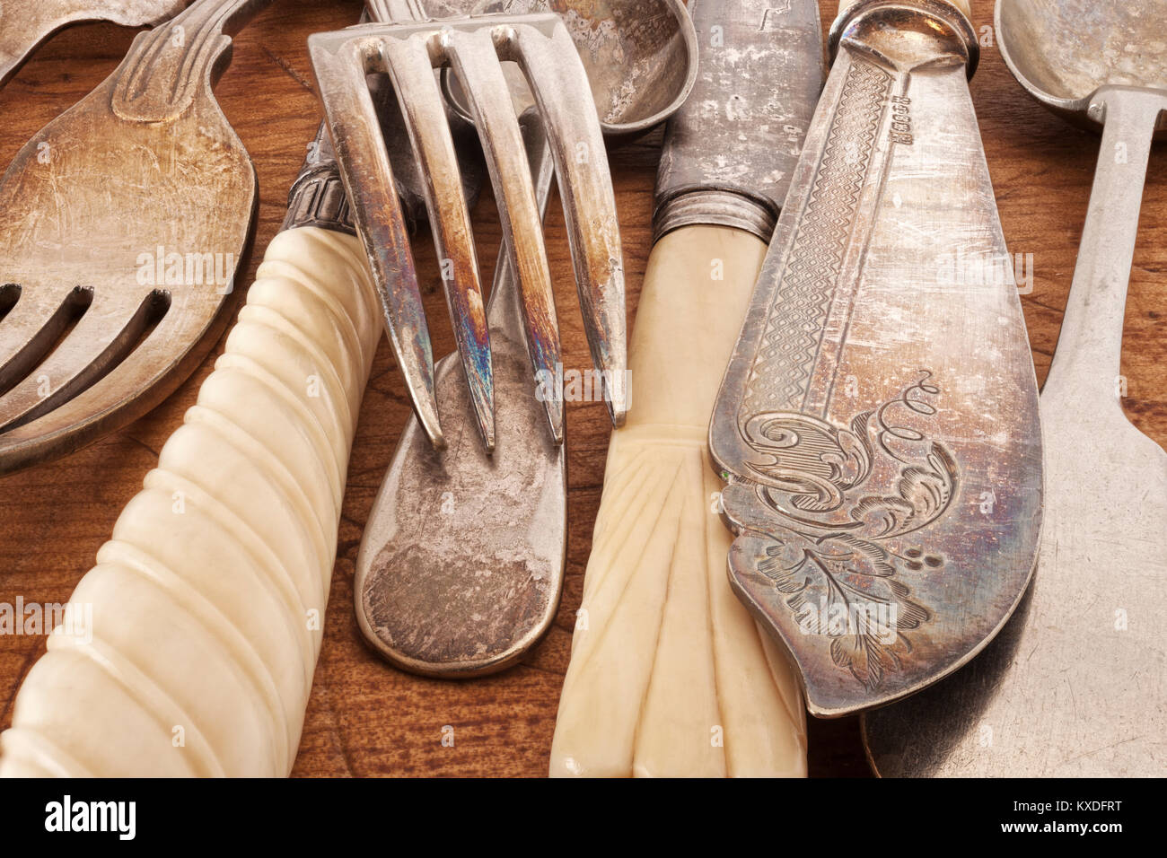 A collection of old cutlery, close-up. Stock Photo