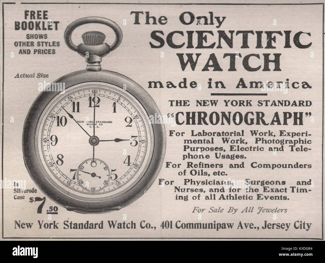 'The only Scientific watch' made in America the New York Standard 'Chronograph' - New York standard watch Co., 401 Communipaw A… Stock Photo