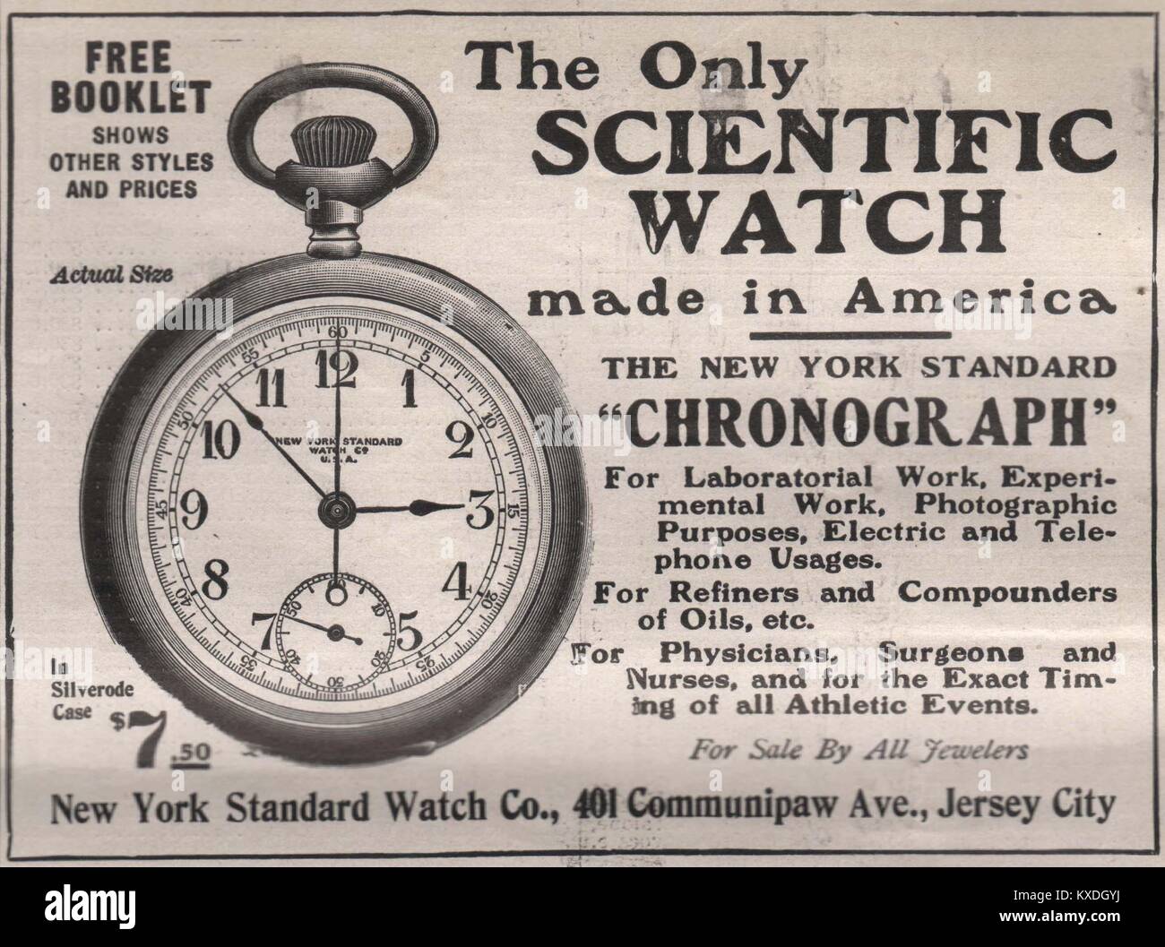 'The only Scientific watch' made in America the New York Standard 'Chronograph' - New York standard watch Co., 401 Communipaw A… Stock Photo