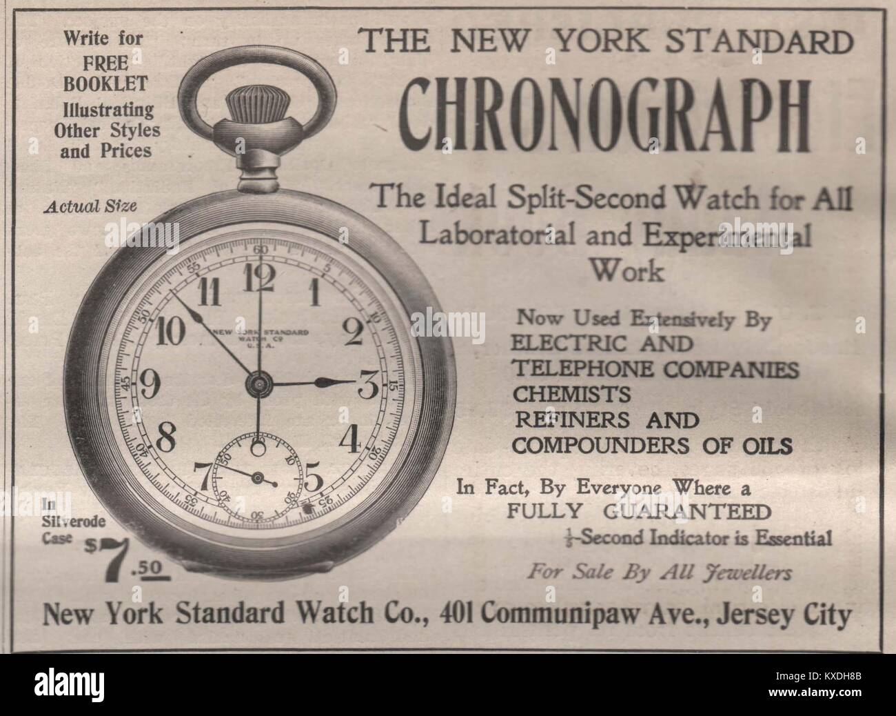 'The New York Standard Chronograph – New York Standard Watch Co, 401 Communipaw Ave., Jersey City' Stock Photo