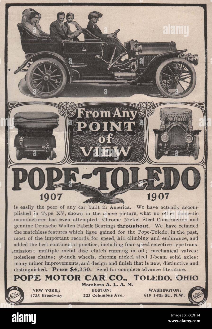 'Pope-Toledo' From any point of view - Pope Motor Car Co., Toledo, Ohio, New York: 1733 Broadway, Boston: 223 Columbus Ave., Wa… Stock Photo