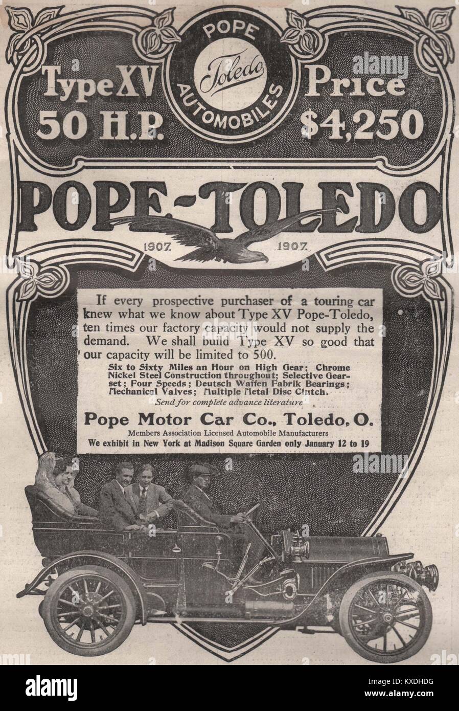 'Pope-Toledo' Pope Motor Car Co., Toledo, Member Association Licensed Automobile Manufacturers we exhibit in New York at Madiso… Stock Photo