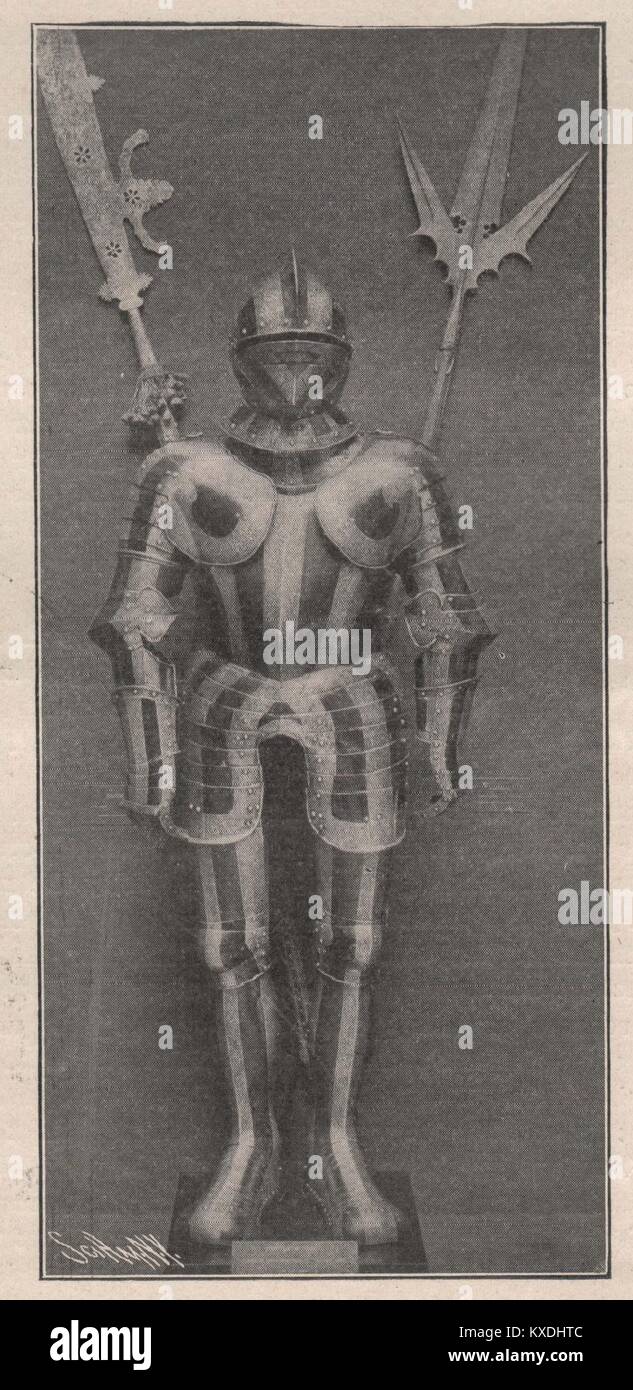 Striped Armor, Black and Silver Etched. Of German workmanship. The shoe and Gauntlet are made of separate plates to secure Flex… Stock Photo