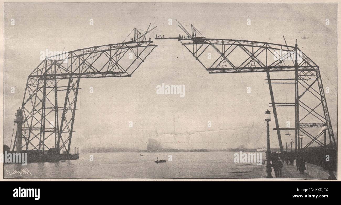 The New Aerial Bridge Across the ship Canal at Duluth. Clear Span, 381½ feet. Depth of Truss, 50 feet. Clear Height above water… Stock Photo