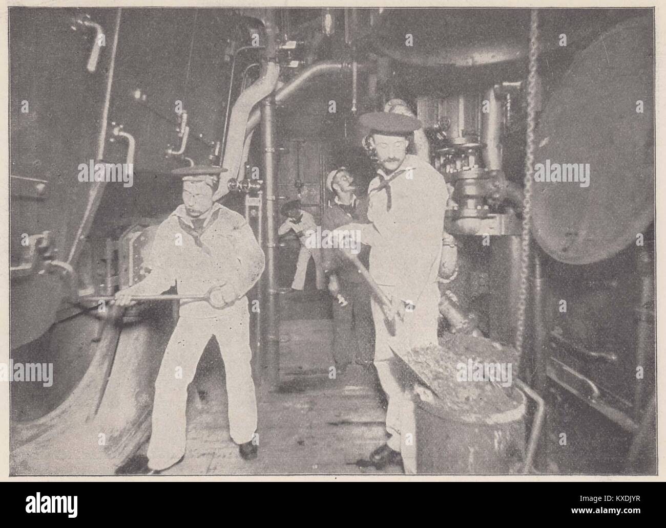 Fire room of a United States Monitor - There is probably no more trying situation aboard ship than duty in the fire room Stock Photo