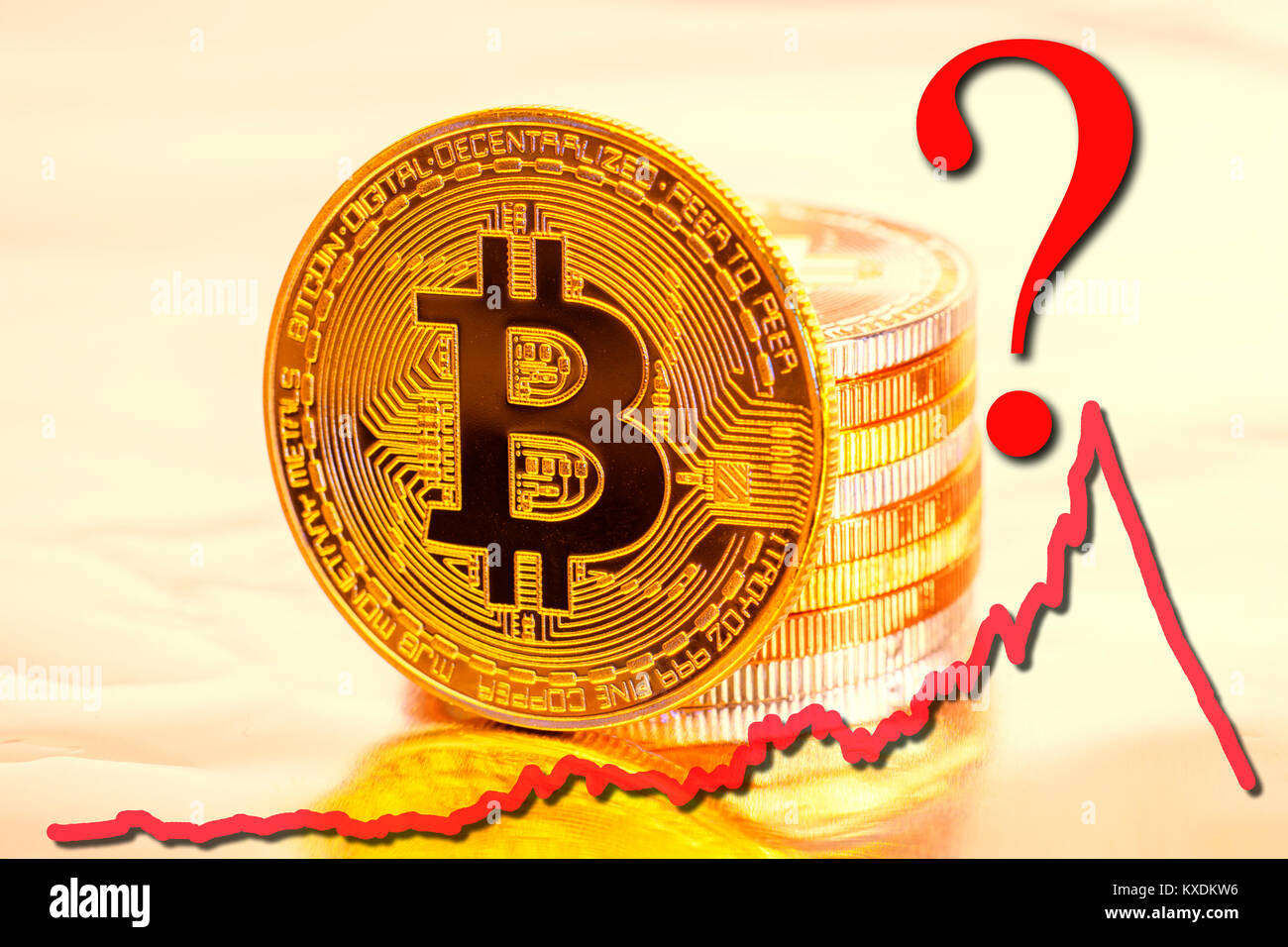 Symbol image digital currency, physical coins Bitcoin with stock curve