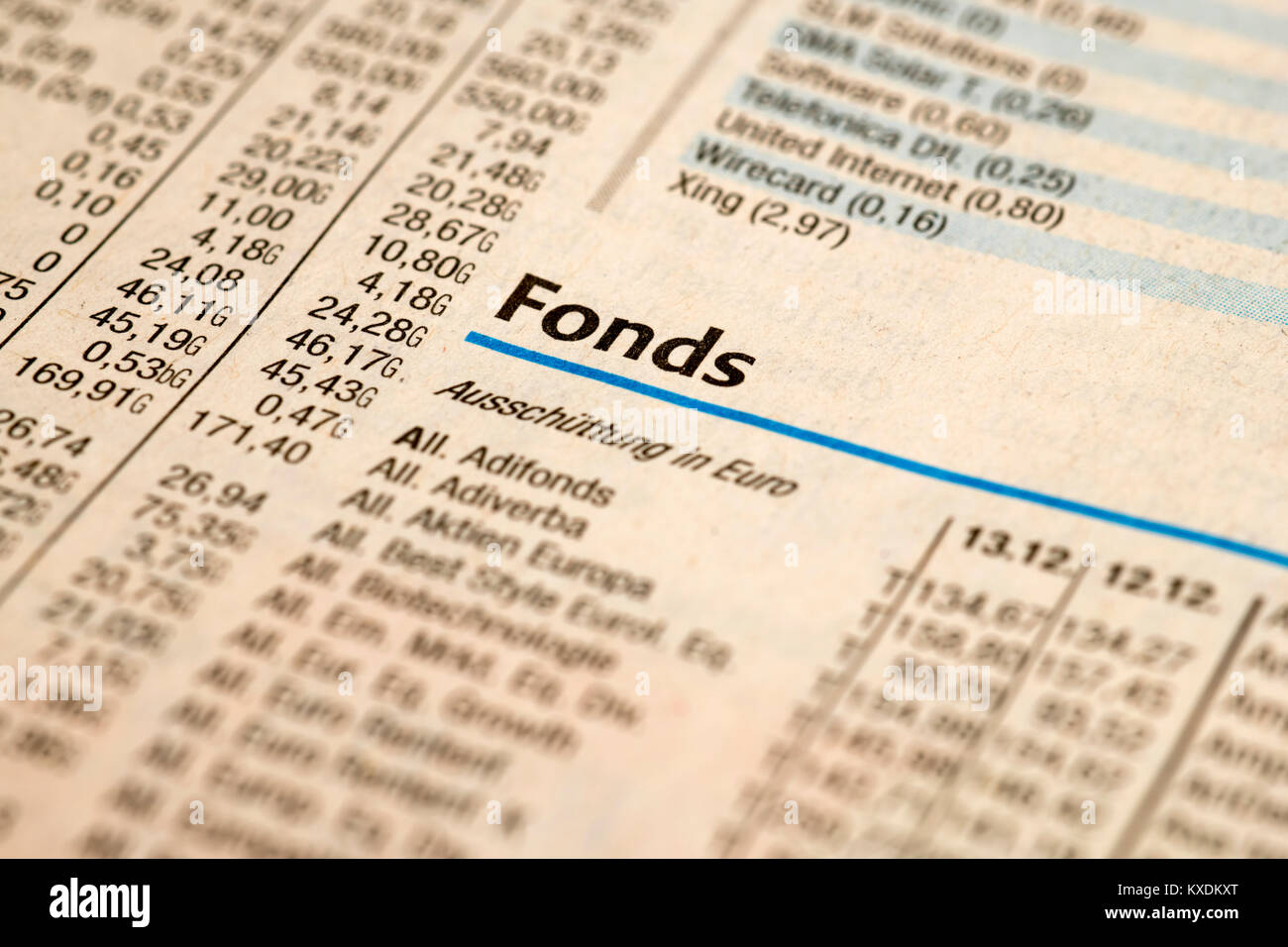 Fund, stock exchange part of a daily newspaper Stock Photo