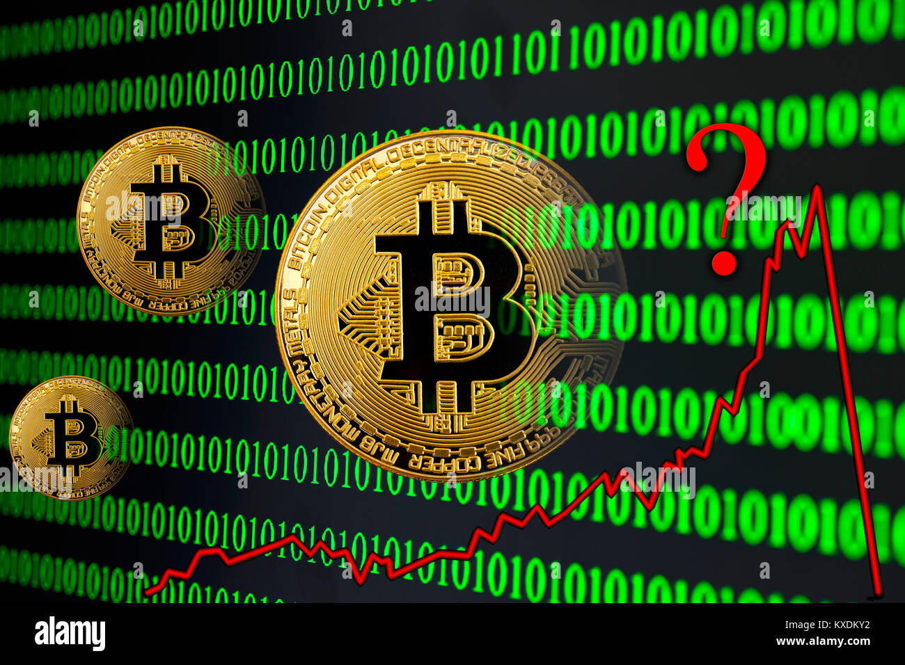 Symbol image digital currency, gold physical coin Bitcoin with digital  binary code, stock curve and question mark Stock Photo - Alamy