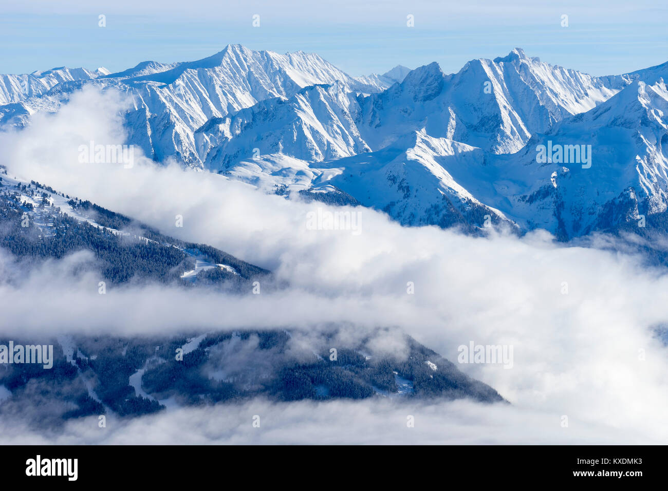 Zillertal Alps in winter, from the Hochzillertal, Kaltenbach, Zillertal, Tyrol, Austria Stock Photo