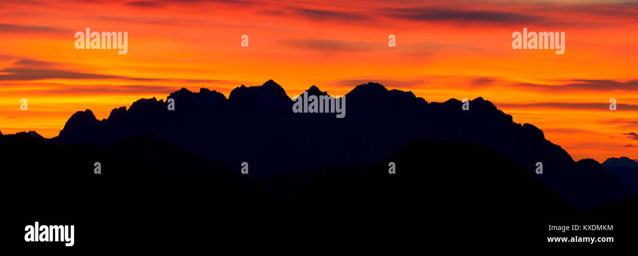 Sunrise behind Wilder Kaiser, Kaisergebirge, Tyrol, Austria, von Wallberg, Rottach-Egern Stock Photo