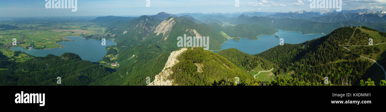 Lake Kochel and Walchensee with Rabenkopf, Benediktenwand and Jochberg, vom Herzogstand, Walchensee, Oberbayern, Bavaria Stock Photo