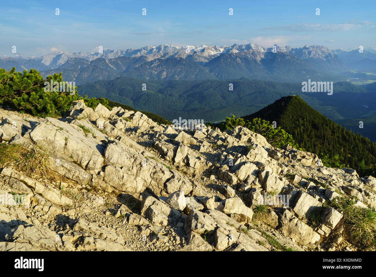 View from Herzogstand to the Karwendel Mountains and the Soierngruppe, Walchensee, Upper Bavaria, Bavaria, Germany Stock Photo