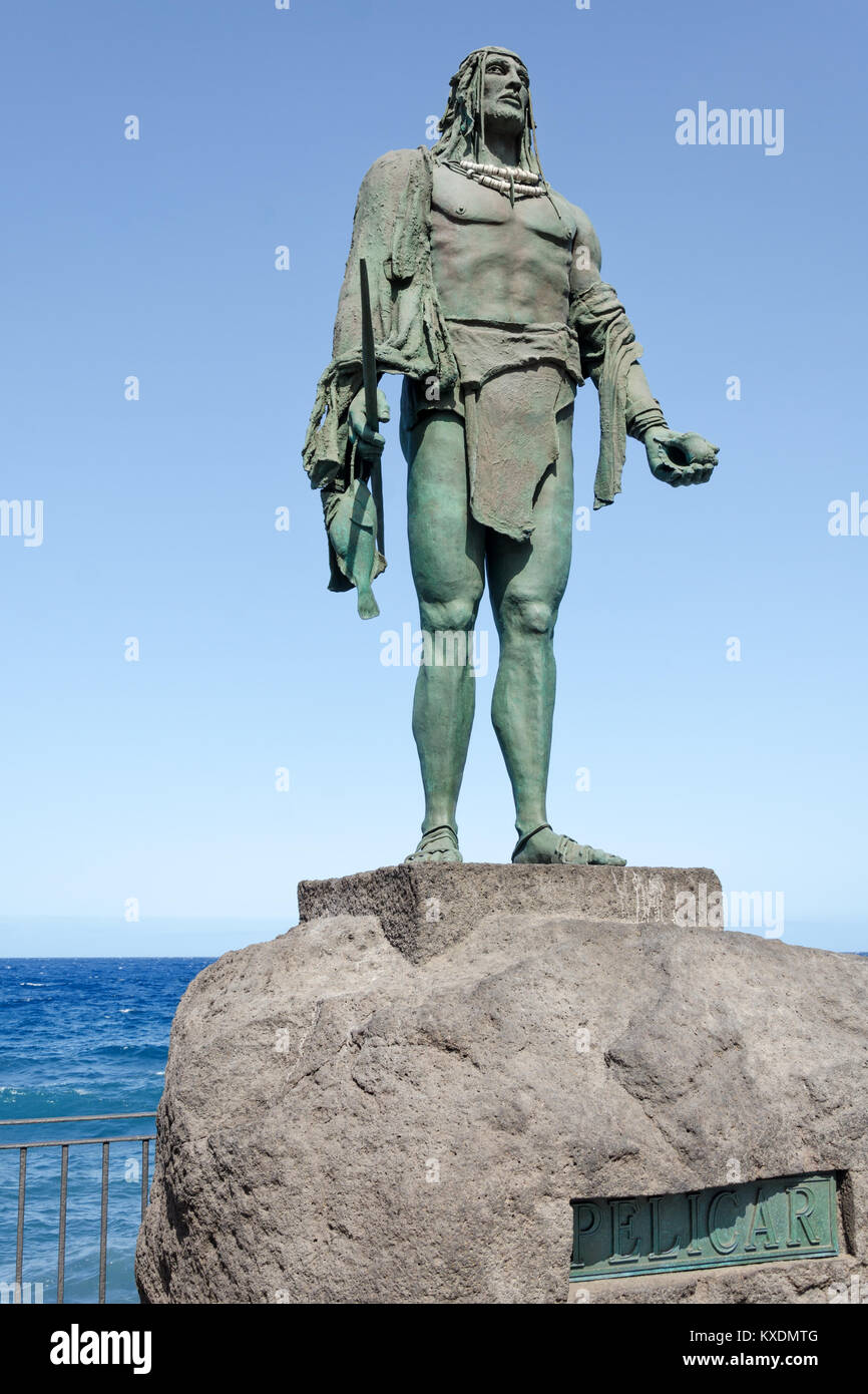 Statue of Pelicar, a Guanche chief or a mencey, part of the nine statues of pre-Hispanic kings situated in Plaza de la Patrona de Canarias, in Candela Stock Photo