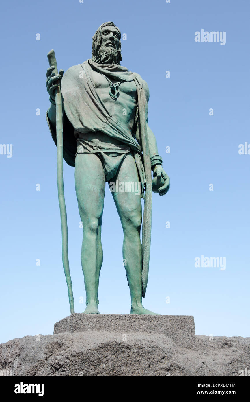 Statue of Pelinor, a Guanche chief or a mencey, part of the nine statues of pre-Hispanic kings situated in Plaza de la Patrona de Canarias, in Candela Stock Photo