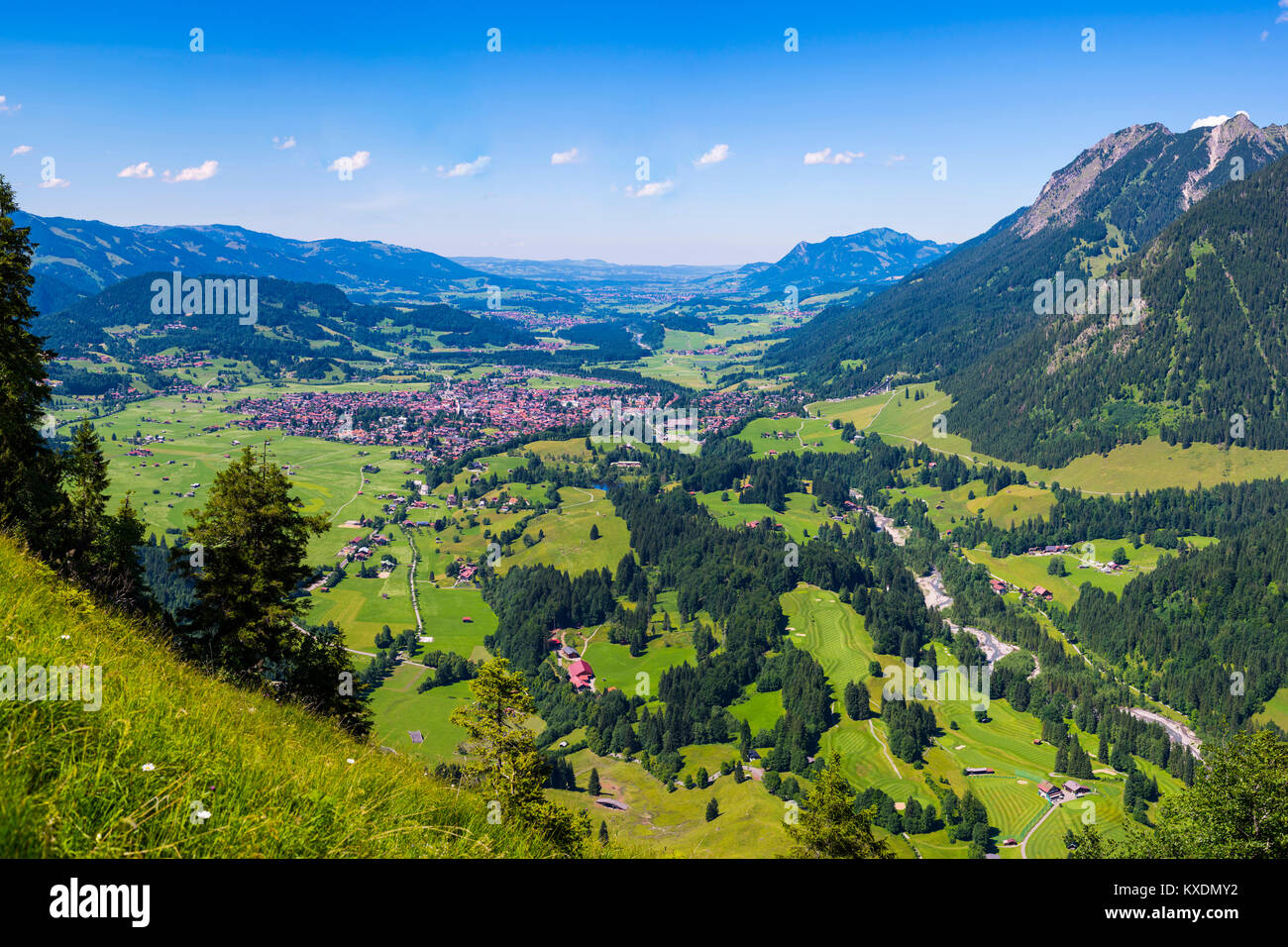Panorama from Himmelschrofen, 1790m, into the Illertal and Oberstdorf, Allgäuer Alps, Allgäu, Bavaria, Germany Stock Photo