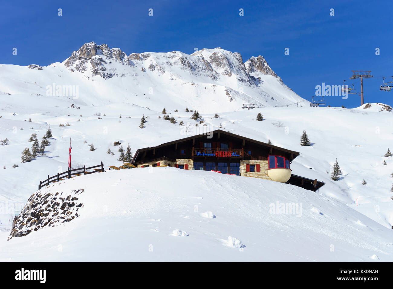 Ski hut Weitmoser Schloßalm, Ski area Schloßalm, Bad Hofgastein, Salzburger Land, Austria Stock Photo