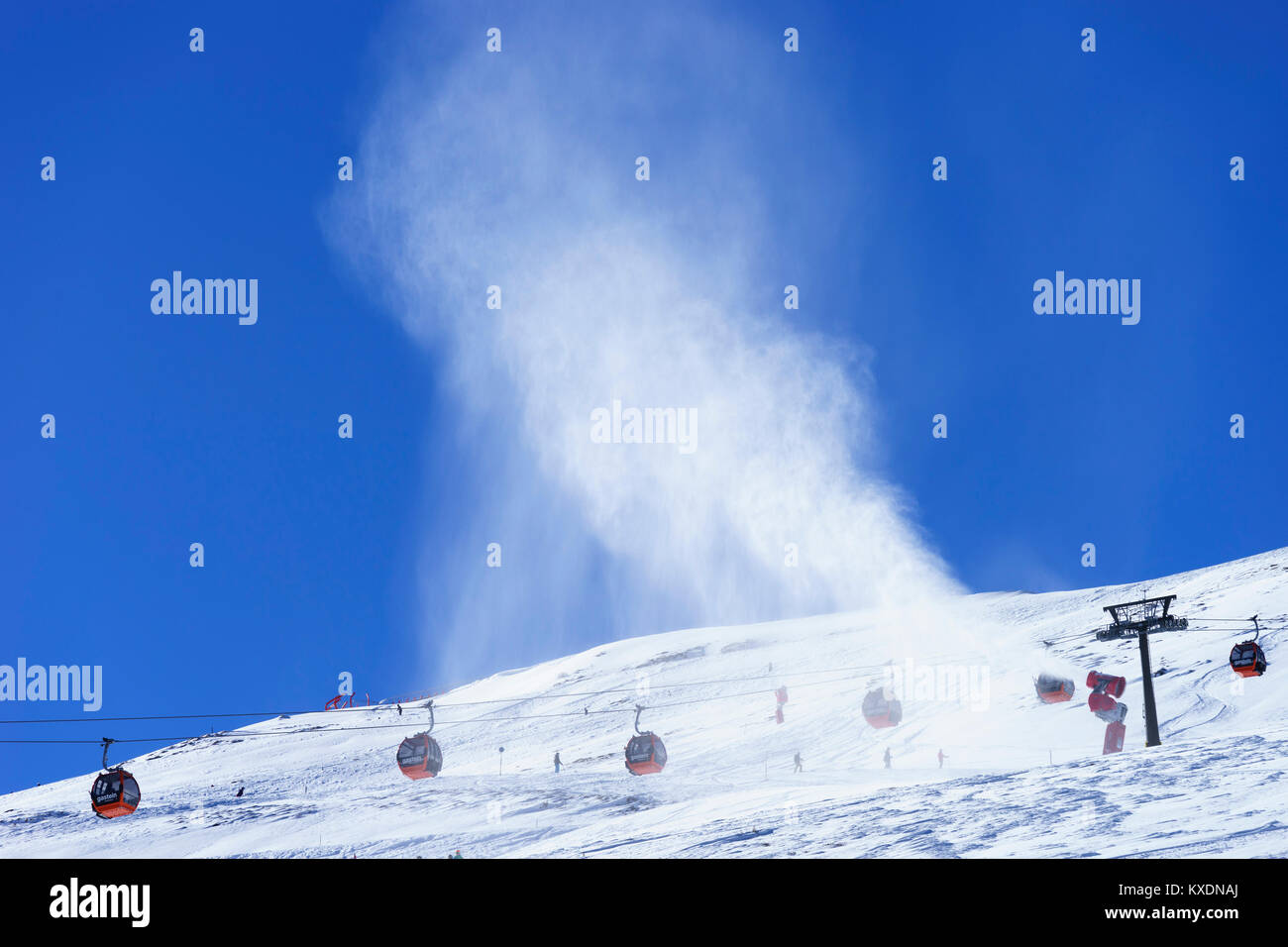 Production of artificial snow with snow cannons, ski area Stubnerkogel, Badgastein, Salzburger Land, Austria Stock Photo